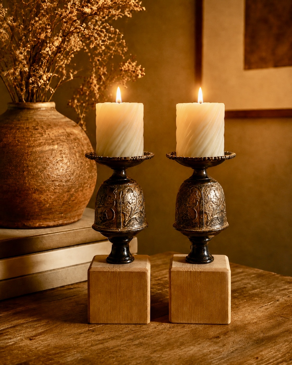 Candelieri artigianali con candele in una composizione decorativa